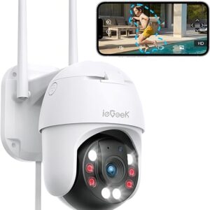 IeGeek 360° PTZ Caméra Surveillance WiFi Extérieure avec Suivi Automatique, Vision Nocturne en Couleur, Détection PIR, Audio Bidirectionnel et Alarme Sirène - IP66 Étanche