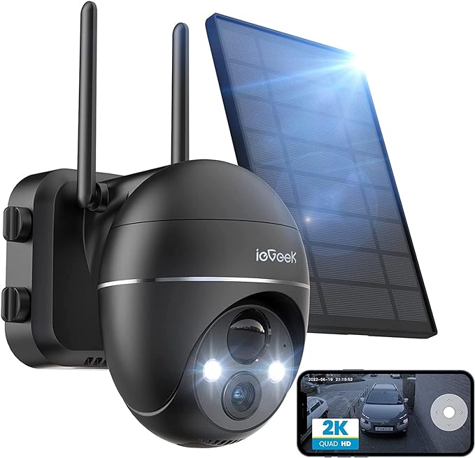 Caméra WiFi Extérieure ieGeek 2K sans Fil - Solaire, Panoramique 355°/Inclinaison 120°, Détection Humaine PIR, Alarme Sonore, Vision Nocturne en Couleur, Audio Bidirectionnel