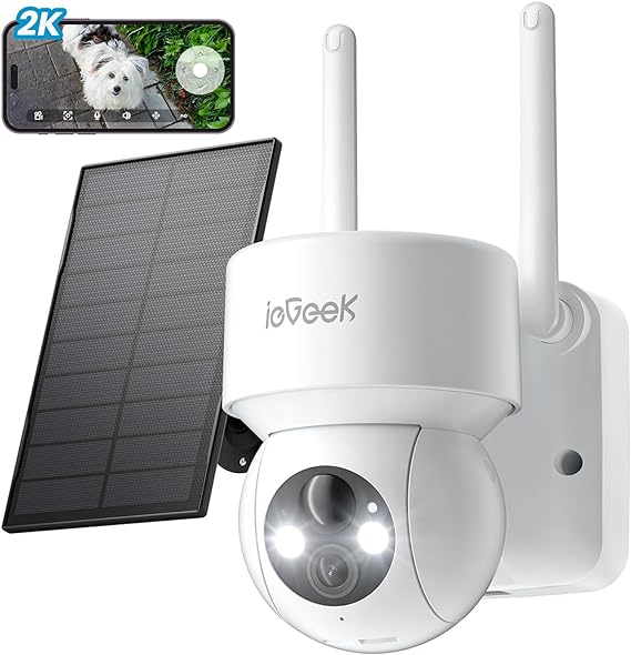 Caméra Surveillance Extérieure ieGeek 2K - WiFi, Solaire, 360° PTZ, Vision Nocturne en Couleur, Détection Humaine AI/PIR, Sirène Intégrée, Compatible Alexa, Étanche IP65