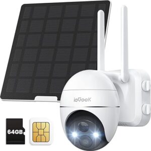 IeGeek 2K 3G/4G LTE Caméra de Sécurité Extérieure, Solaire, PTZ, Vision Nocturne, Détection Humaine, Alarme, IP66 avec Carte SIM et SD 64G